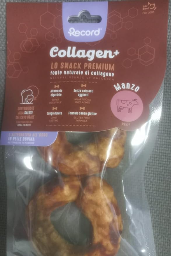 Record - Snack Premium per Cani Collagen+ Gusto Manzo. Ciambella con alto valore proteico. Masticativi per cani ricchi di collagene. Senza coloranti|100g,