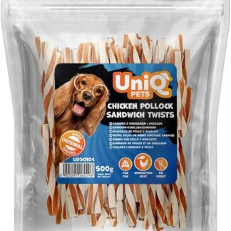 UniQ Pets Hundeleckerli - Petto di pollo e merluzzo, 500 g, senza glutine, morbidi snack da allenamento a basso contenuto di grassi per cani piccoli e grandi