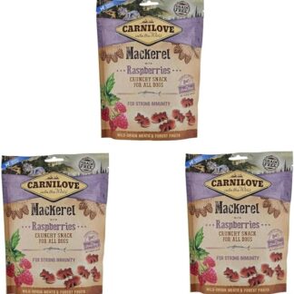 Carnilove Sgombro Croccante con Lamponi | Confezione Tripla | 3 x 200 g | Snack per Cani | Con Carne Fresca | Senza Cereali e Patate | Con Acidi Grassi Omega-3 di Alta Qualità