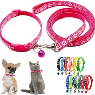 Set con collare e guinzaglio per cani, rosa acceso, collari in nylon con stampa di zampa di campana, collari riflettenti per cani di piccola taglia per ragazze XXS Xs Lettiera per animali domestici di