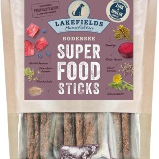 LAKEFIELDS - Superfood – Bastoncini per cani di alta qualità per cuccioli, cani ricchi di sostanze nutritive, sani e senza cereali, snack per cani con carne di manzo 60%, 1 x 130 g, dimensioni: 4 x