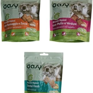 Oasy Snack Per Cani-Biscotti Ripieni-OFFERTA 3 Buste - (1 Busta da 80 g con Formaggio e Zucca, 1 Busta da 80 g con Pollo e Verdure, 1 Busta da 70 g Dental Fresh).