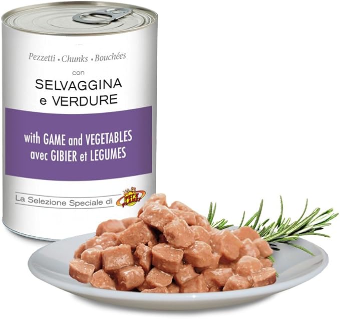 Pezzetti con SELVAGGINA e VERDURE per cani e gatti, Pet's Planet 405 g.