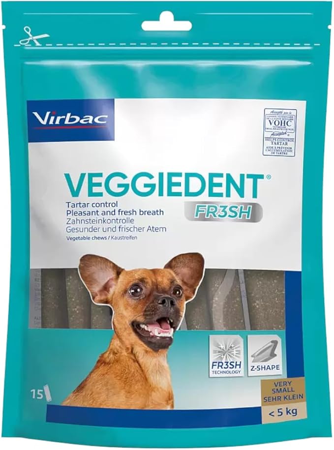 Virbac VeggieDent 15 strisce XS < 5 kg | 120 g | Strisce da masticare per cani di piccola taglia fino a 5 kg | Spuntino vegetariano per controllare placca dentale e placca | Una striscia da masticare