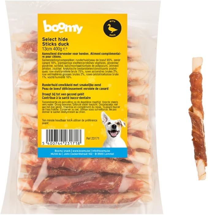 Boomy - Snack per cani - Bastoncini di rawhide con anatra - 13 cm - 400 g