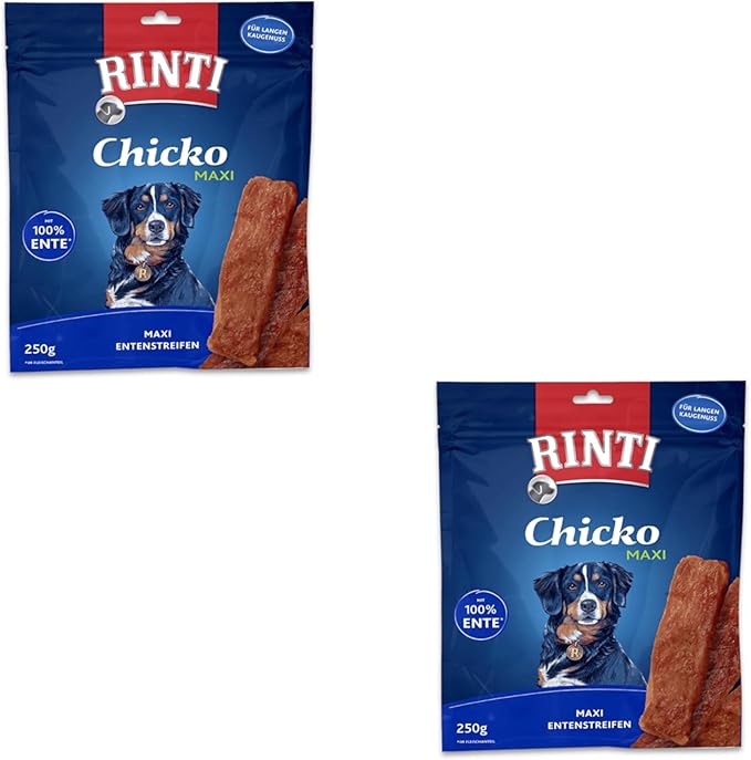 Rinti Chicko Maxi Strisce di Anatra | Confezione Doppia | 2 x 250 g | Snack per Cani di Taglia Grande | Preparato con filetto di petto d'anatra fresco | Essiccate delicatamente all'aria senza additivi