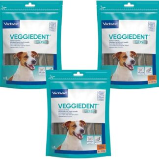 Virbac VeggieDent 15 strisce S | Confezione Tripla | 3 x 224 g | Strisce masticabili per cani piccoli (5-10 kg) | Snack vegetariano per il controllo della placca e del tartaro | UN pezzo al giorno