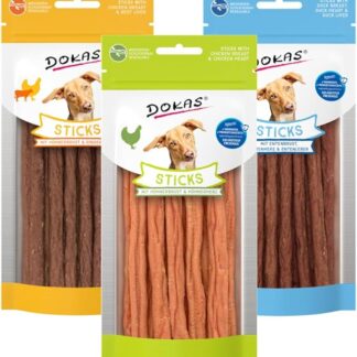 Dokas Set di 3 bastoncini da snack per cani da 60 g, petto di pollo e cuore di pollo, petto d'anatra, cuore d'anatra e fegato d'anatra, petto di pollo e fegato di manzo, senza cereali, con collagene