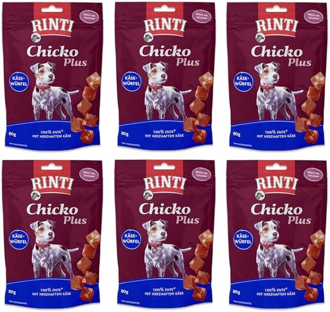 Rinti Chicko Plus Formaggio a Cubetti Anatra per cani | Confezione da 6 | 6 x 80 g | Filetto di petto d'anatra delicatamente essiccato all'aria | In un pratico sacchetto richiudibile