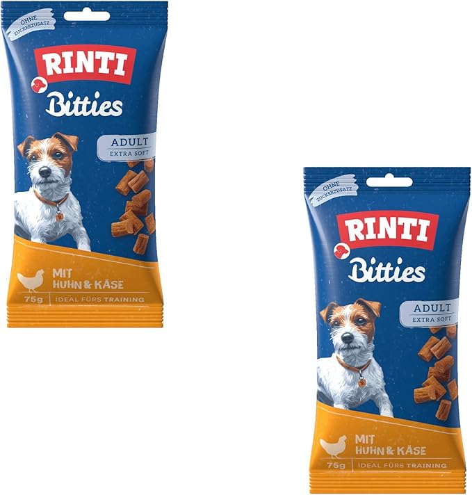 Rinti Bitties Pollo + Formaggio | Confezione Doppia | 2 x 75 g | Snack per cani adulti | Extra morbido | Senza zucchero & soia | Con prezioso Omega 3 | Ricco di carne fresca