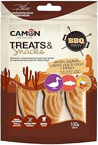 Camon Snack per Cani BBQ Party - Salmone Grigliato in Mix di Gusti - Anatra - Salmone - Olio di Cocco - Paprika - Dental Snack Gluten Free 100g
