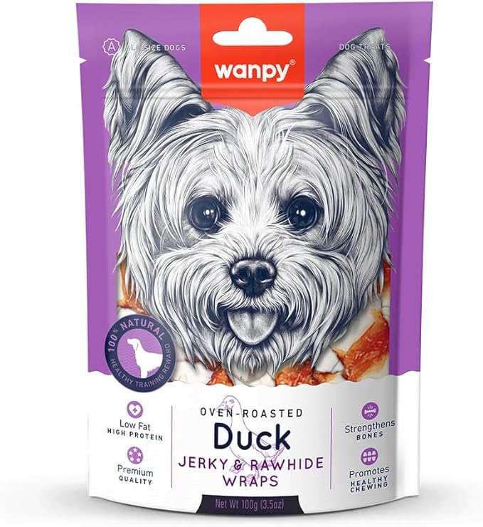 Wanpy Duck Jerky e Rawhide Wraps 600Gr Snack Osso Di Anatra e Pelle Non Conciata (6 Confezioni da 100Gr) 100% Natural
