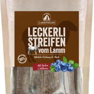 LAKEFIELDS MANUFAKTUR - Strisce di carne secca per cani, spuntino per cani con carne di agnello al 90%, senza cereali e salutari, ideali come dolcetti da allenamento, 1 x 150 g
