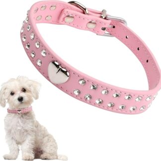 Collare per Cani con Strass e Cristalli - Cuore in Pelle PU Regolabile - Scintillante per Cuccioli di Piccola e Media Taglia S, Rosa