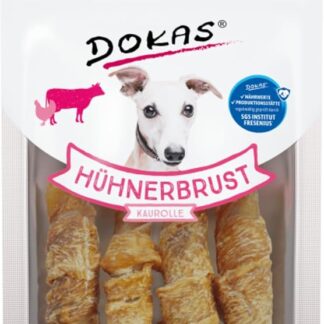 Dokas Petto di pollo | 10 x 90 g | Snack per cani | Pelle di manzo arrotolata in filetto di pollo con una nota di fumo fine | Senza coloranti e conservanti artificiali