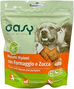 Oasy snack biscotti ripieni di mousse per cani adulti PROMOZIONE gusto FORMAGGIO e ZUCCA |3 confezioni da 70 grammi l'una.