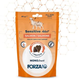 Forza 10 Snack Cane Sensitive Salmone, snack per cani adulti di tutte le taglie e razze, favorisce il benessere della cute e del pelo | 3 confezioni da 80 grammi l'una.