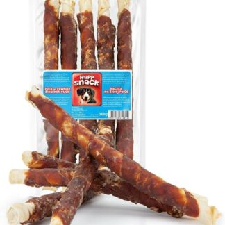 HAPPET Anatra su bastone bianco, 5 pezzi, masticatori per cani grandi, 25 cm, ossa naturali in pelle bovina avvolte nella carne d'anatra, snack dentale sano