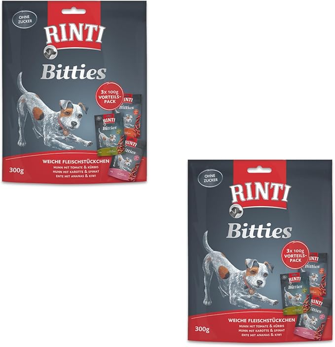 Rinti Bitties Multipack Varietà di gusti | Confezione Doppia | 2 x 3 x 100 g | Snack di carne morbidi per cani | Delicatamente essiccati all’aria, senza farine di carne né soia | 3 gusti