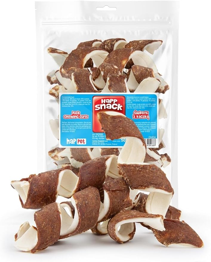 HAPPET Trappoli per cani, punte con anatra da 18 cm, dentali naturali in pelle bovina e carne di anatra, prelibatezze sane per sostenere i denti puliti e l'alito fresco
