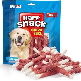 HAPPET Pasticceria per cani, anatra avvolta su bacchetta di pelle bovina, 500 g - massaggiagengive dentale naturale, dolcetto ad alto contenuto di proteine, a basso contenuto di grassi per la salute