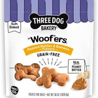Three Dog Bakery Grain Free Soft Baked Woofers, Peanut Butter & Banana Flavor, Premium Treats for Dogs, 36 Ounce Bulk Resealable Pack (114038)