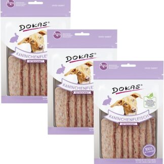 Dokas Spuntino per cani, carne di coniglio secca, 3 x 70 g, 100% carne di coniglio, asciugato delicatamente all'aria e a basso contenuto di grassi, ipoallergenico, senza cereali, cibo complementare