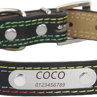 Collare per cani in pelle personalizzato con fibbia in metallo incisa - Collari per animali domestici personalizzati con nome e numero di telefono - Taglie regolabili (Colored thread, black,XL)