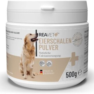 ReaVET Guscio d'uovo in polvere per cani e gatti 500 g – Fonte naturale di calcio per ossa e denti sani, guscio d'uovo in polvere per cani e gatti, aggiunta barf