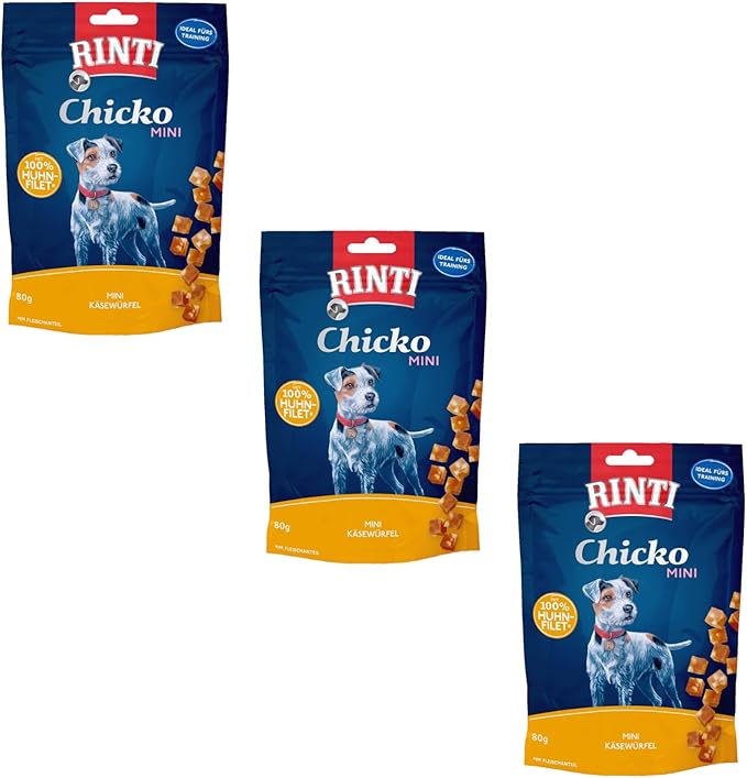 Rinti Chicko Mini Cubetti di Formaggio con Pollo | Confezione Tripla | 4 x 80 g | Preparato con filetto di petto di pollo fresco | Essiccato delicatamente all'aria | Senza soia e farine di carne