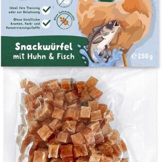 Knuffelwuff Cubetti per snack con pollo e pesce – senza cereali, ricchi di proteine per ricompense ad alta energia e snack da allenamento – per cani grandi e piccoli