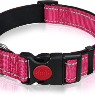 Collare per cani in nylon riflettente con fibbia di sicurezza, collare regolabile con morbida imbottitura in neoprene per cani di taglia media, rosa acceso