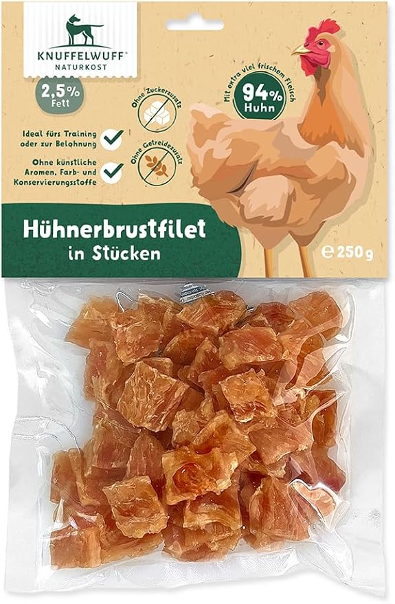 Knuffelwuff Filetto di petto di pollo in pezzi | ricompensa ad alto contenuto proteico essiccato all'aria con 94% di pollo, richiudibile, snack da allenamento per cani grandi e piccoli