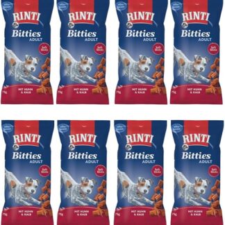 RINTI Bitties Adult Pollo & Vitello | Confezione da 8 | 8 x 75 g | Integratore alimentare per cani adulti | Bocconcini morbidi preparati con molta carne fresca | Con Omega 3 e senza zucchero