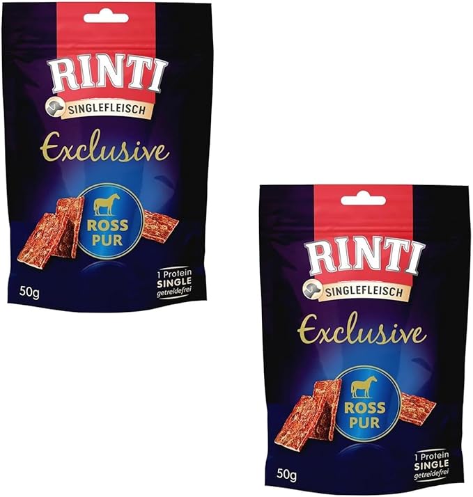 RINTI Singlefleisch Exclusive Snack Puro di Cavallo | Confezione Doppia | 2 x 50 g | Integratore alimentare per cani adulti | Esclusivamente cavallo per cani sensibili alle allergie | Come ricompensa
