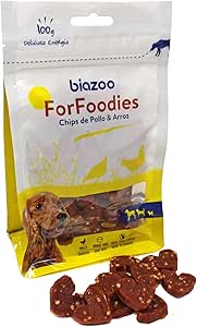 Biazoo Pack 9 un. Chips Forma cuore di pollo e riso 100g. Snack ad alto contenuto proteico adatto a tutte le razze e dimensioni.