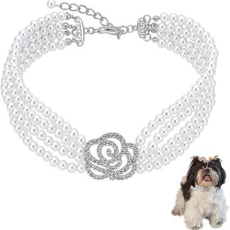 FINGERINSPIRE Collana con Collare per Animali Domestici di Perle Collare Regolabile per Cani e Gatti con Strass per Cani di Piccola Taglia e Gatti, Bianco, L