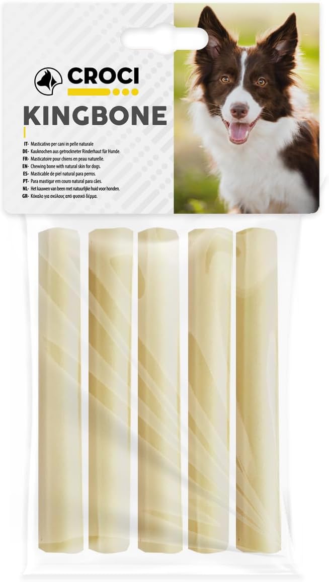Croci King Bone Rotolo Bianco - Osso per cani, Snack premio masticativo per cani in pelle bovina naturale, dental stick per la pulizia dei denti, 13X1,5 cm - 5 pz