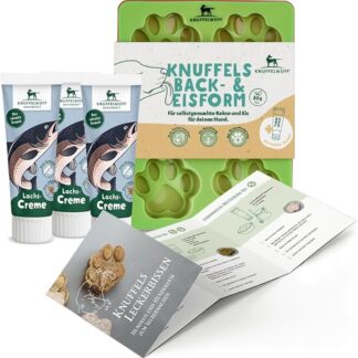 Knuffelwuff Set di biscotti per cani e gelati per cani con 3 stampi in silicone, ricette e snack salmone, resistenza al calore da -40 °C a 220 °C, perfetto per addestramento dei cani
