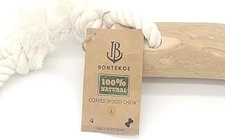 BONTEKOE Bastone da masticare in legno di caffè per cani con guinzaglio di cotone e passante – giocattolo per cani – 100% naturale per cani a basso rischio e durevole (L)