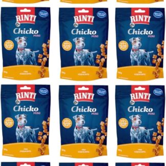 Rinti Chicko Mini Cubetti di Formaggio con Pollo | Confezione da 12 | 12 x 80 g | Preparato con filetto di petto di pollo fresco | Essiccato delicatamente all'aria | Richiudibile