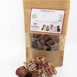 barfdries Trachea di Bovino (ritagli), alimento naturale per Cani e Gatti essiccato a bassa temperatura. Confezione da 250 gr