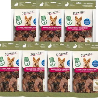 DOKAS Frattaglie di coniglio | 7 x 100 g | Spuntino naturale per cani | Contiene polmoni, stomaco, fegato e cuore | Spuntino ricompensa | Anche uno spuntino adatto alla specie