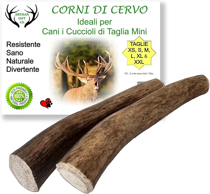 ARTISAN GIFT CO Corno di Cervo per Cani, Osso per cani da Masticare 100% Naturale, peso minimo Confezione 70gr. (XS - 2 pz.)