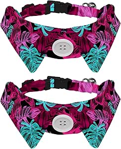 Eslifey Collare per cani con papillon, collare formale regolabile per smoking con colletto rimovibile per camicia e collare per gatti per piccoli animali domestici, foglie rosa esotiche estive blu