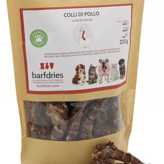 barfdries Colli di Pollo, alimento naturale per Cani e Gatti essiccato a bassa temperatura. Confezione da 250 gr