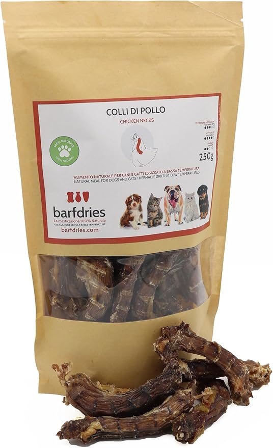 barfdries Colli di Pollo, alimento naturale per Cani e Gatti essiccato a bassa temperatura. Confezione da 250 gr