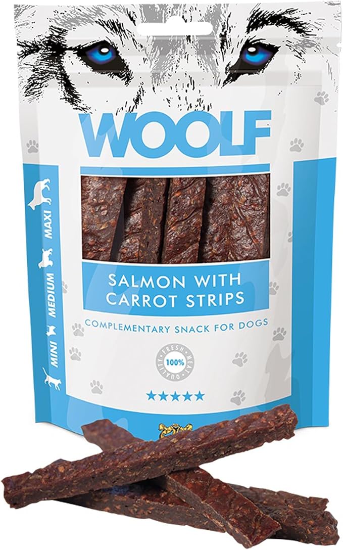 Snack per cani naturali con salmone e carote ricchi di omega 3 premietti per cani addestramento bocconcini salutari senza conservanti 100 g | WOOLF