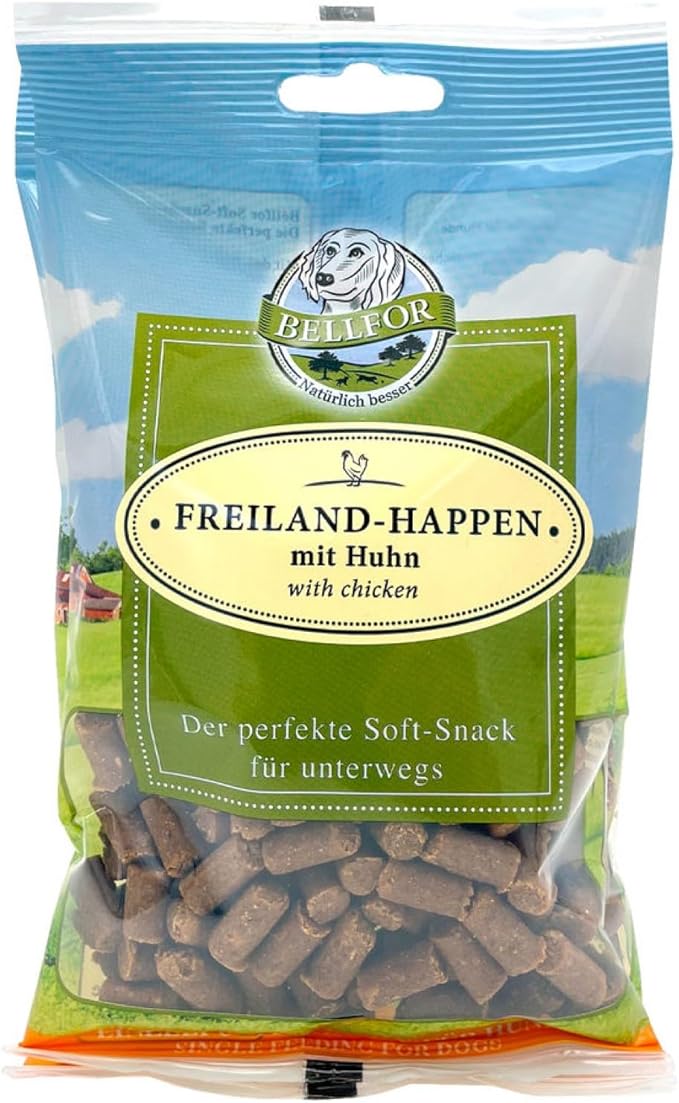 Bellfor Freiland-Happen Snack Morbidi per Cani con Pollo. Snack Senza Cereali, Ricchi di Carne e Omega-3 da Olio di Semi di Lino. Facili da Digerire – 200 g