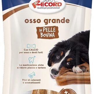 Record ossi per Cani grandi. Ossa per Cani in Pelle Bovina. Masticativi per Cani, Confezione da 1pz in blister richiudibile. Misura L 14cm di lunghezza e 85g di peso, per cani di taglia medio grande.